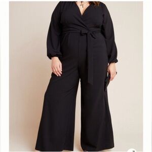 Anthropologie Hutch Jana Plisse Wide Leg Belted Jumpsuit Black Sz 26W‎ Plus NEW